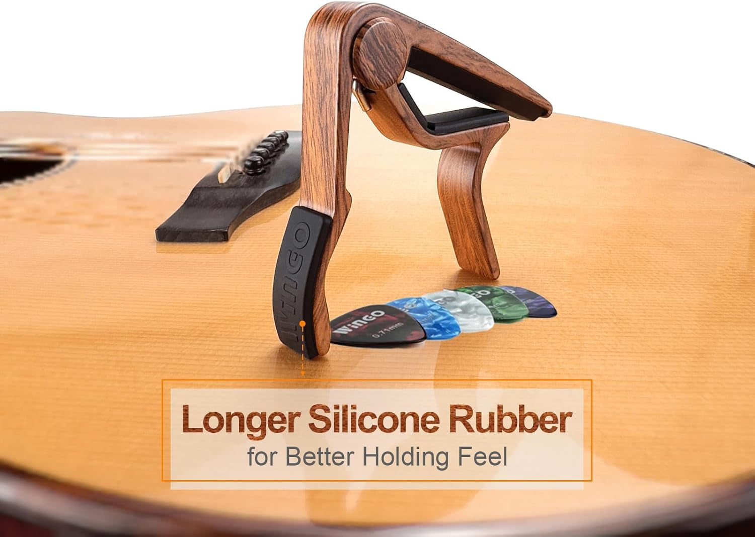 Classical Flat Guitar Capo for Nylon String Guitars-Rosewood Finish with 5 Picks.