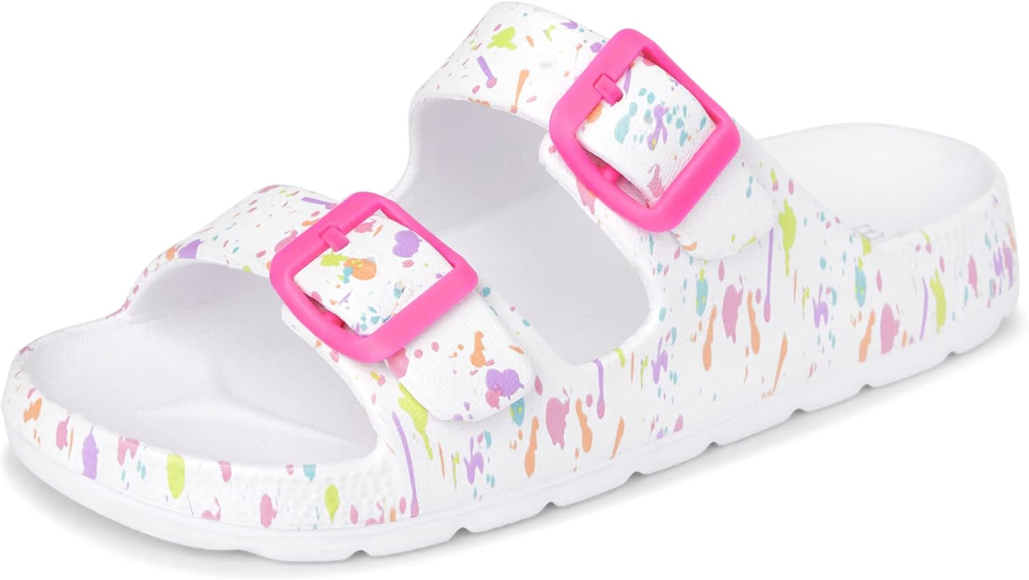 Girls Double Buckle Slip on Slide Sandals, White Paint Splatter
