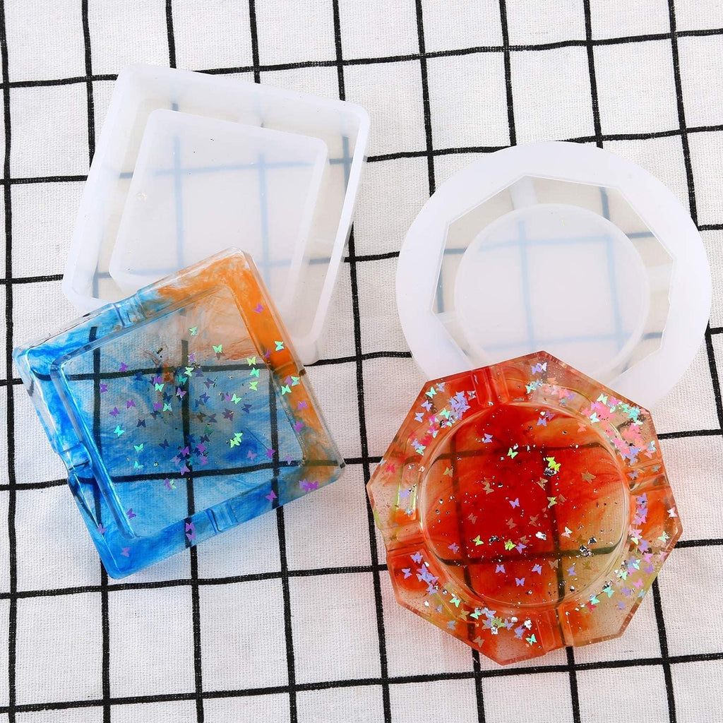 2 Pieces Ashtray Resin Molds, Silicone Resin Mold with Square and Rhombus & round Shape for Resin Casting, DIY Handcrafts