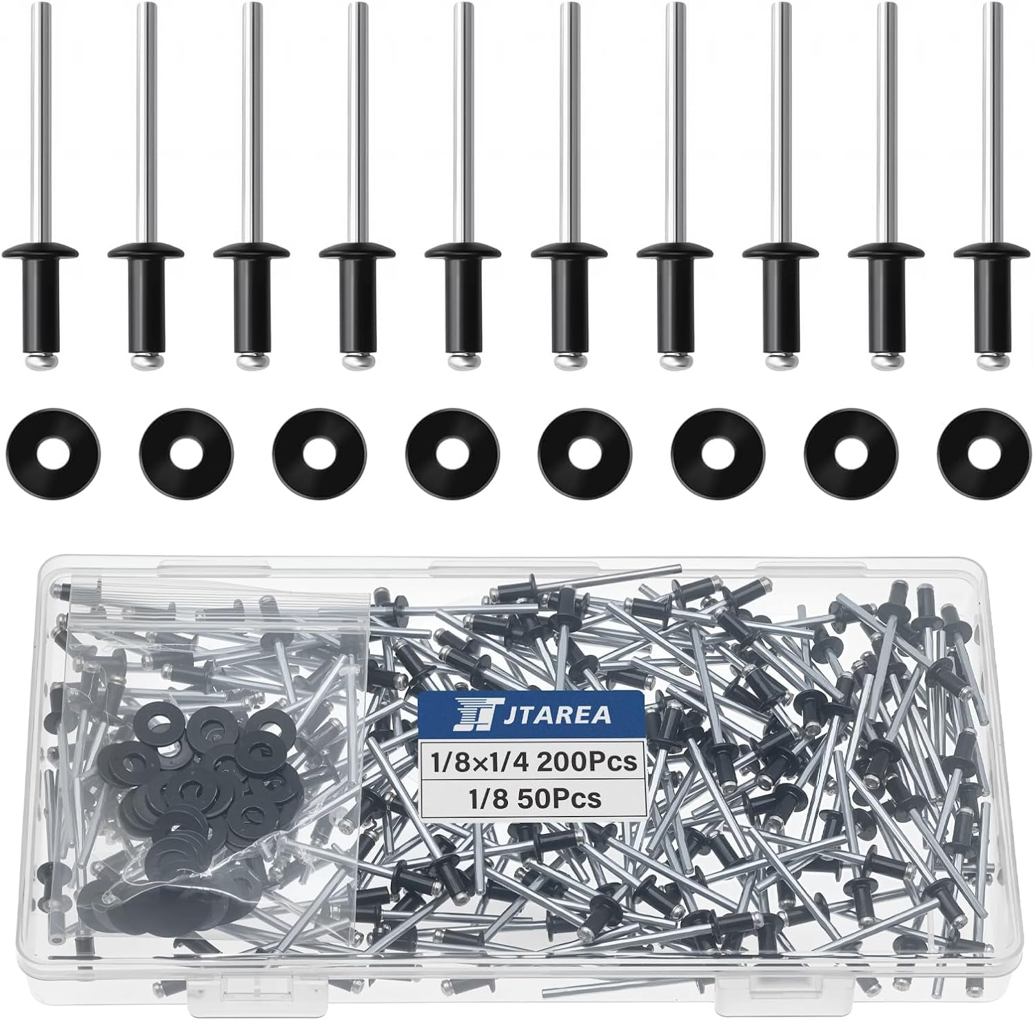 250Pcs 1/8" X 1/4" Black Aluminum Pop Rivets with Stainless Steel Washers 3.2 X 6.4Mm Blind Rivet Assortment Kit