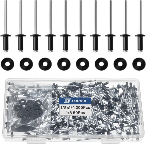 250Pcs 1/8" X 1/4" Black Aluminum Pop Rivets with Stainless Steel Washers 3.2 X 6.4Mm Blind Rivet Assortment Kit