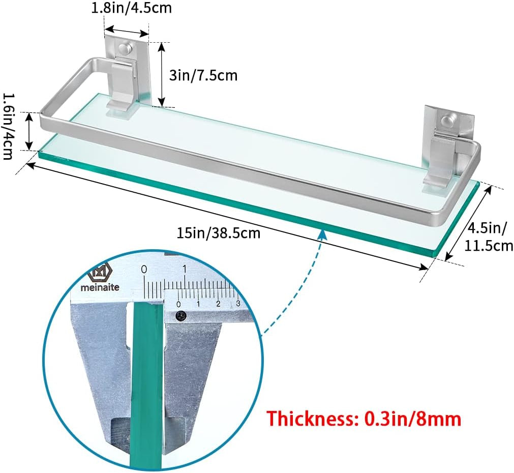2-Pack Tempered Glass Bathroom Shelf with Rail, 15" X 4.5" Rectangular Shower Caddy, Wall Mounted Floating Shampoo Holder for Lavatory, Kitchen, Living Room