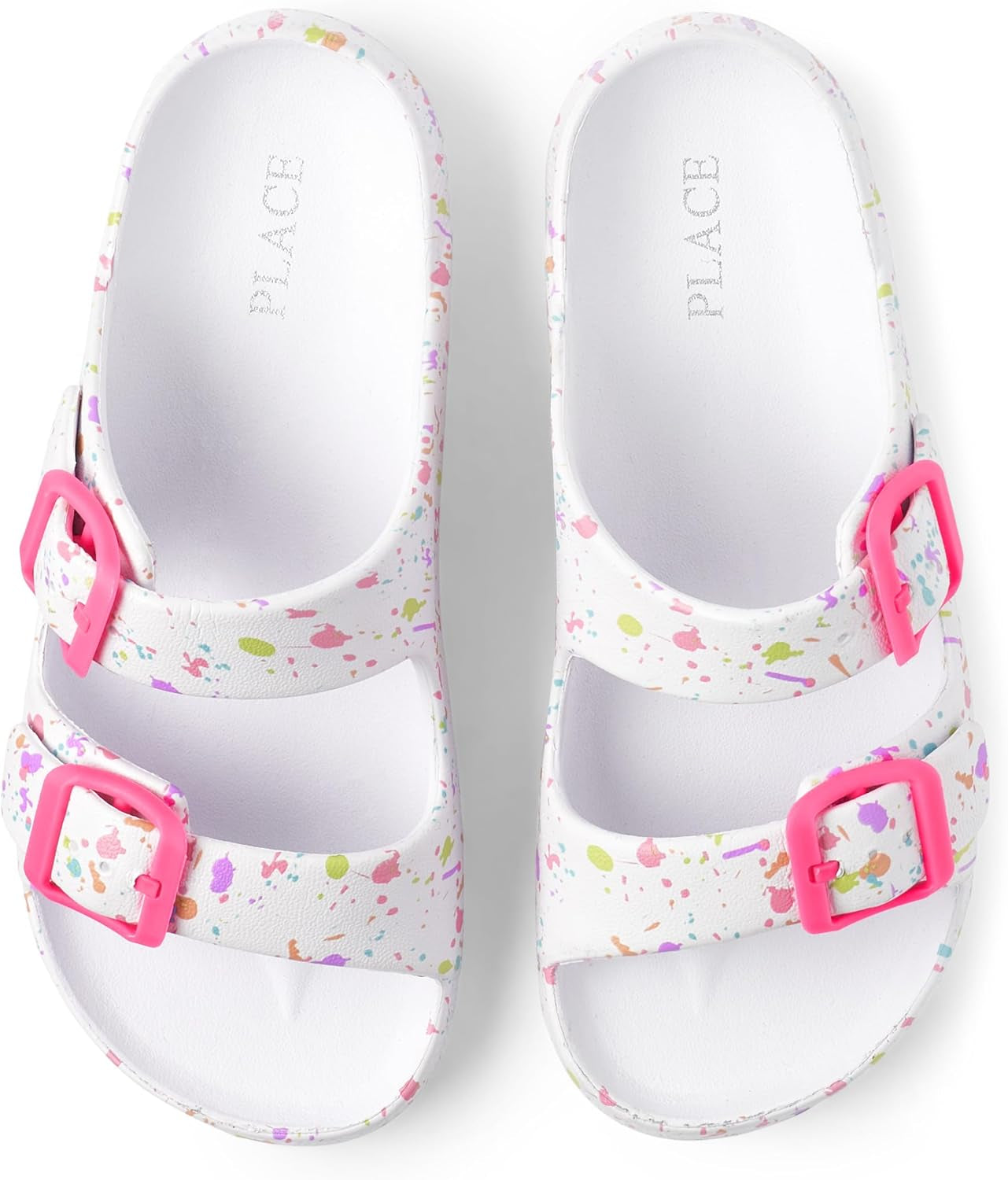 Girls Double Buckle Slip on Slide Sandals, White Paint Splatter