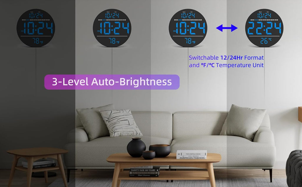 Digital Wall Clock with Large LED Display, Date, Temperature, Auto-Brightness | Small [PLUG-IN] Clock | Modern Electric Wall Clock for Bedroom, Classroom, Living Room, Home, Office, Farmhouse - Blue