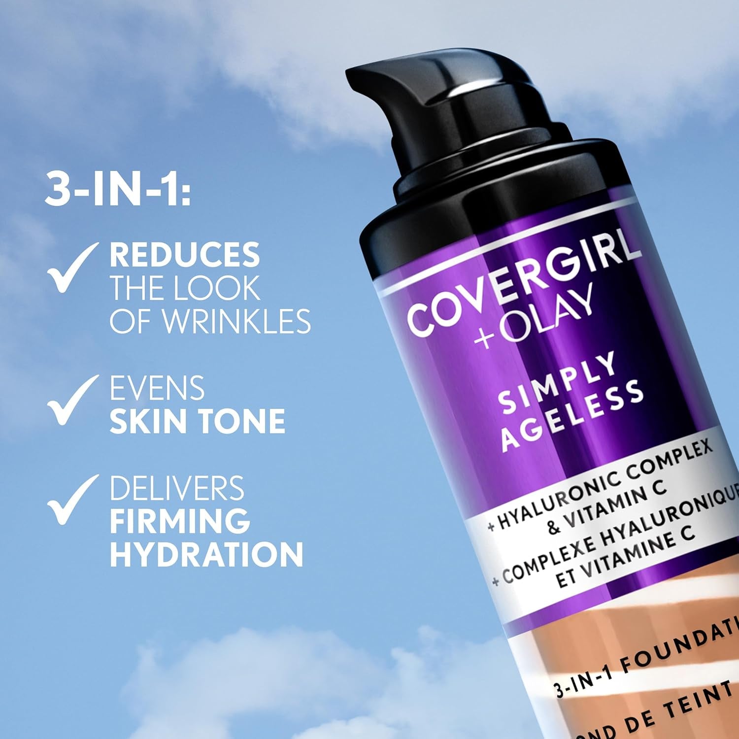 & Olay Simply Ageless 3-In-1 Liquid Foundation, Matte Finish, Hyaluronic & Vitamin C Formula, 220 Creamy Natural, 1 Count
