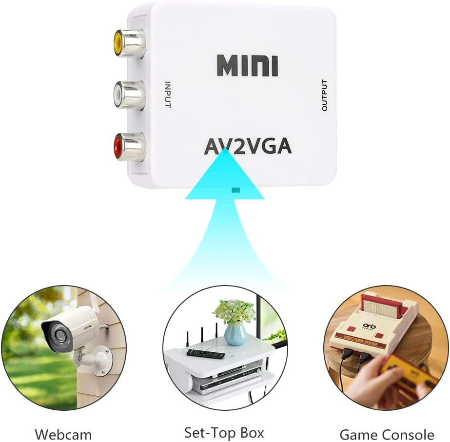 Video Converter, 480P Mini AV to VGA Adapter, Composite TV Set-Top Box Audio Video Converter (White)