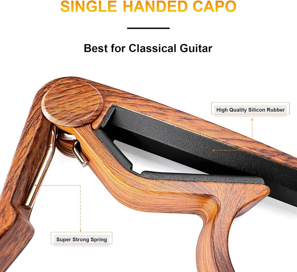 Classical Flat Guitar Capo for Nylon String Guitars-Rosewood Finish with 5 Picks.