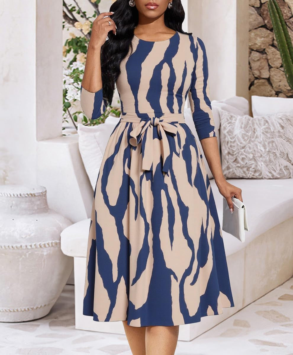 Casual Dresses for Women Midi Church A-Line Fit and Flare Dress Crewneck 3/4 Sleeve Party Dress