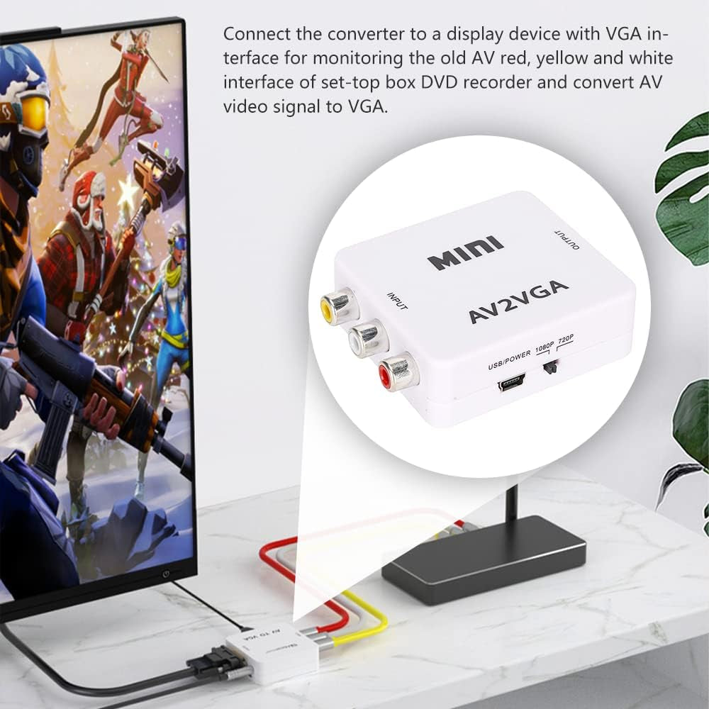 Video Converter, 480P Mini AV to VGA Adapter, Composite TV Set-Top Box Audio Video Converter (White)