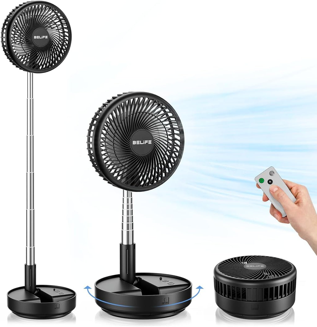 X8 Portable Fan, 7200Mah Battery Powered Rechargeable, Oscillating USB Desk Floor Fan with Remote, Foldable Telescopic Fan for Home Bedroom Sleeping Office Camping Travel, 7.7" (Black)