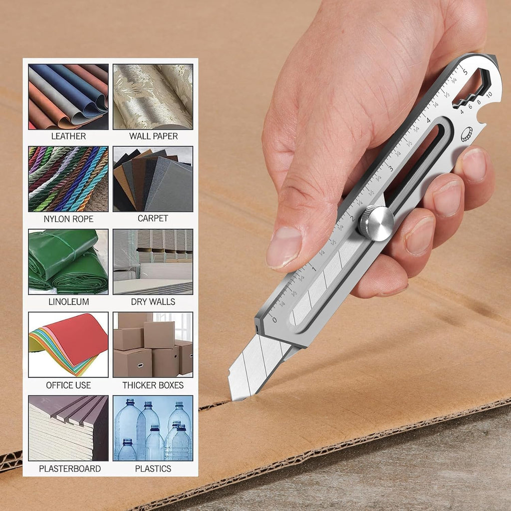 7-In-1 Mutipurpose Utility Knife, Stainless Steel Retractable Box Cutter, Heavy Duty Snap off Cutter Knife with 10PC 18MM SK5 Blades, Safety Lock Design