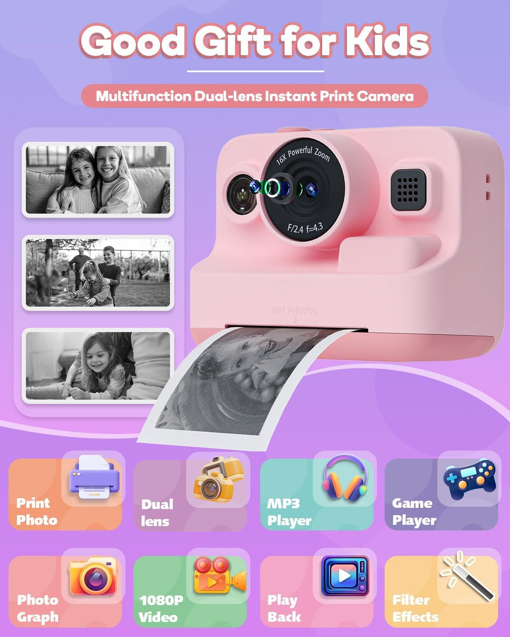 Kids Camera Instant Print,1080P Kids Instant Cameras That Print Photos,Christmas Birthday Gifts for Girls Age 3-12,Portable Toy for 3 4 5 6 7 8 9 10 Year Old Girls Boys Pink