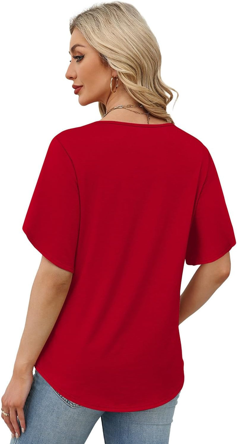 Womens Summer Tops Short Petal Sleeve Shirts Fashion V Neck Womens Clothing
