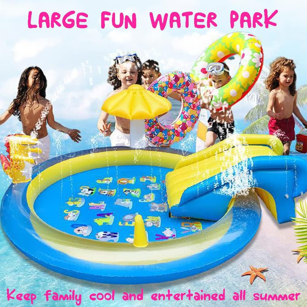 Dinosaur Inflatable Play Center, Kids round Wading Swimming Pool with Slide, Dinosaur Sprinkle, Mushroom Shade for Kids Children Summer Outdoor Splish Splash, Garden Backyard Water Park, 87"X75"X31.5"