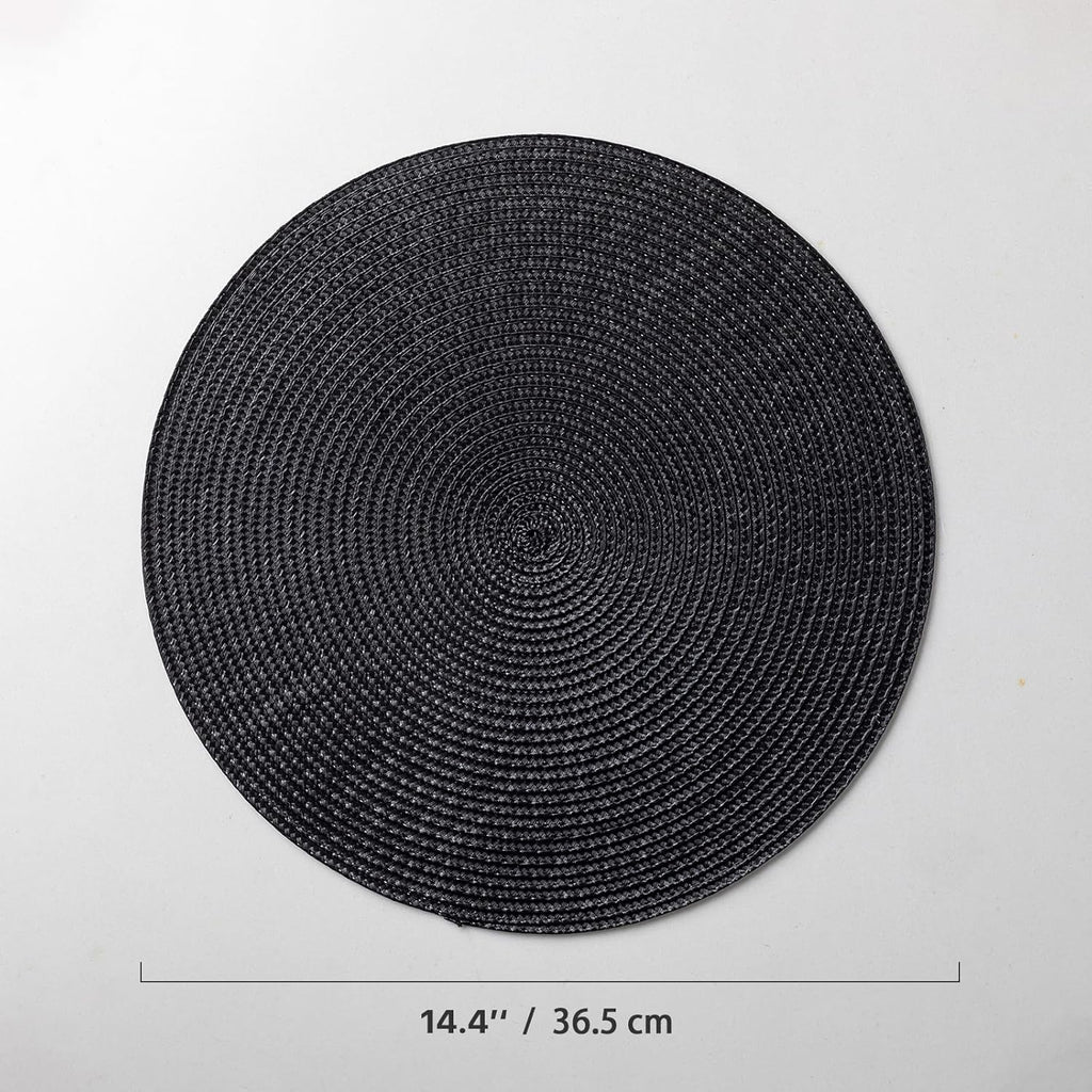 Round Placemats Set of 6 Plastic Woven Placemats Washable Wipeable Table Mats for Dining Table Heat Resistant Non-Slip Circle Place Mats (Black)