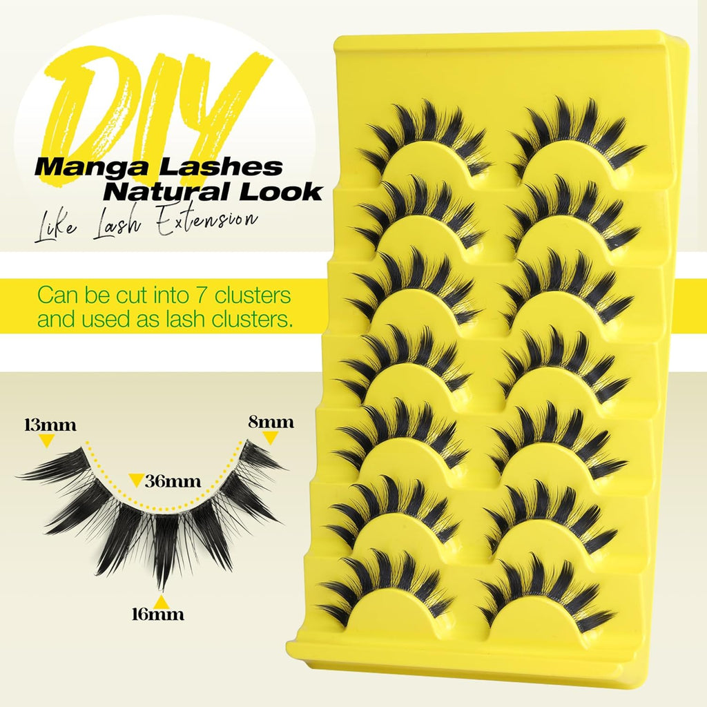 Manga Lashes Natural Eyelashes Spiky False Eyelashes Invisible Band 3D Cat Eye Lashes Wispy Fake Lashes Cosplay Anime Lashes 7 Pairs Pack Asian Doll Lashes Clear Band by