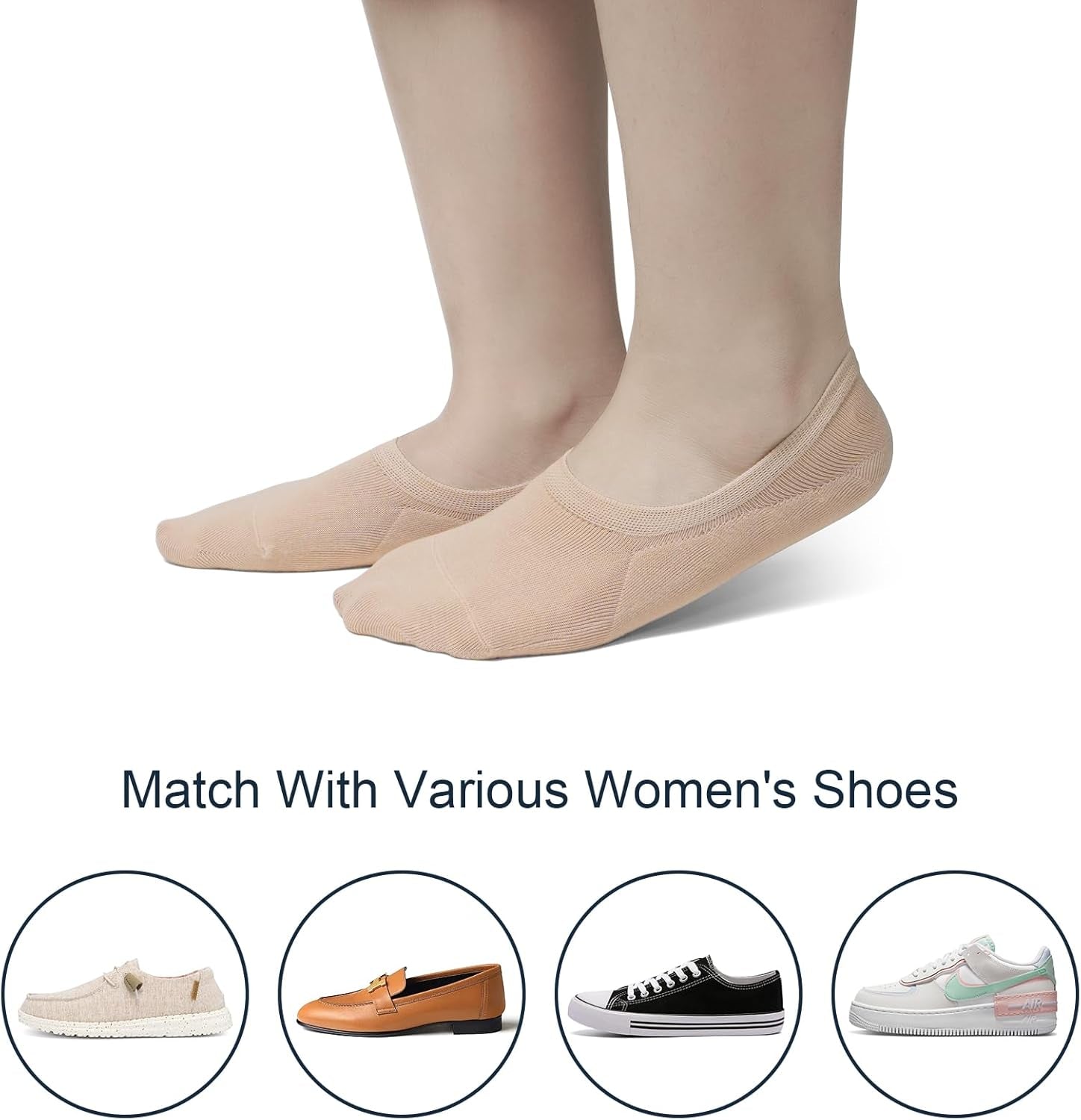 Womens No Show Socks - 4-8 Pairs, Low Cut, Non-Slip, Invisible Cotton Liner