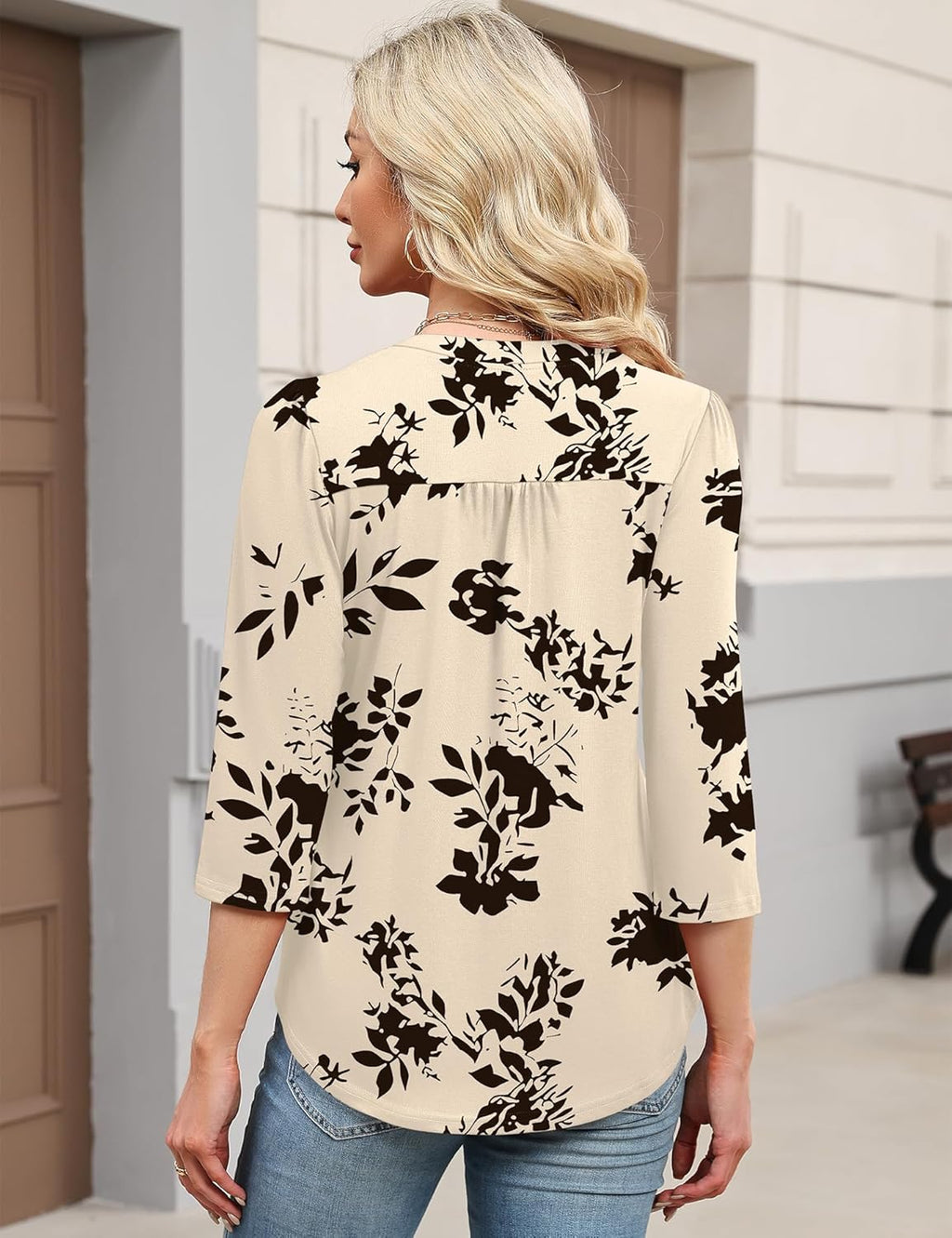 3/4 Length Sleeve Womens Tops Dressy Casual Henley V-Neck Summer Tops Pleated T-Shirts Loose Fit Work Blouses