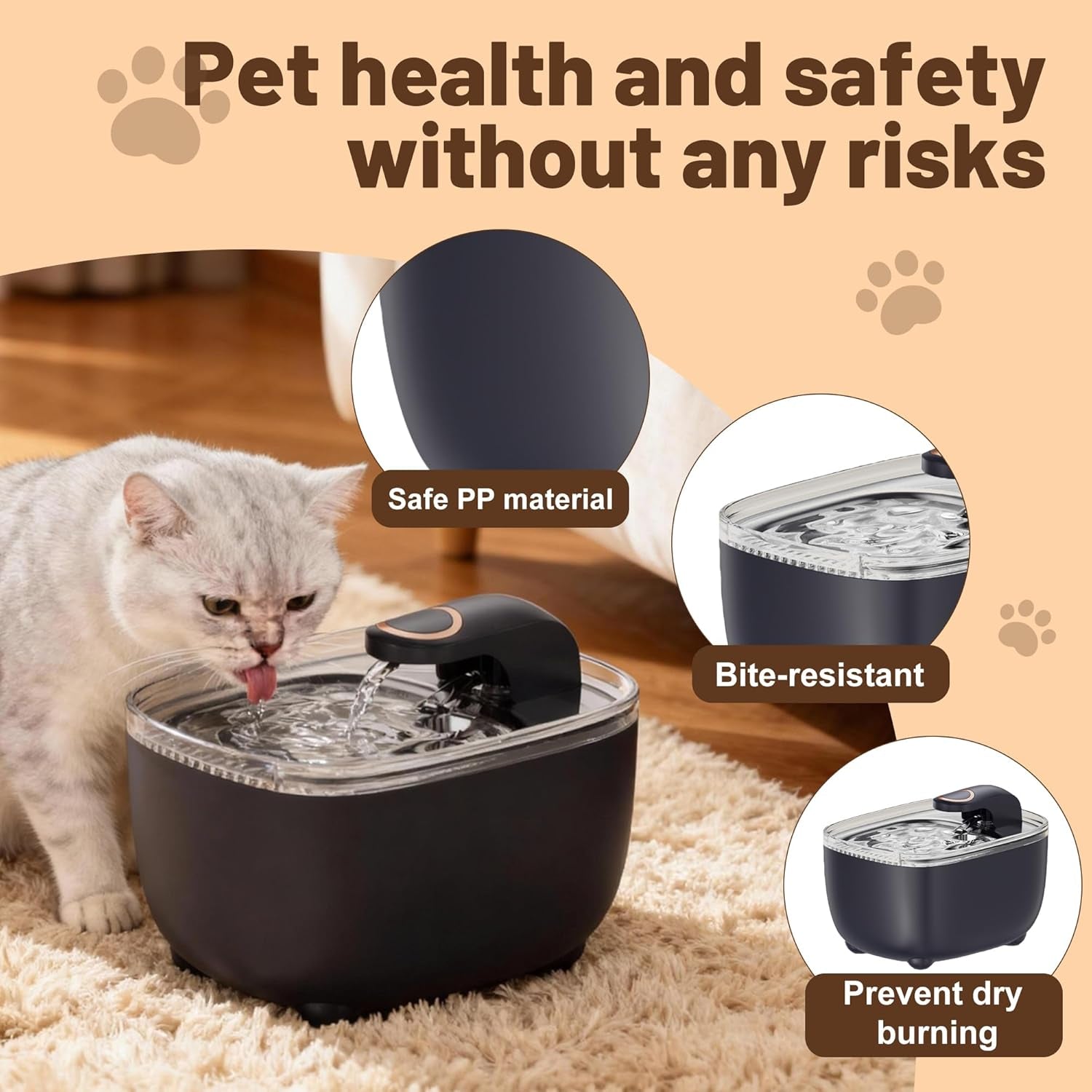 Cat Water Fountain 2.5L with Detachable Tank, Wireless Automatic Pet Water Fountain for Cats & Small Dogs, Quiet Flowing Water Bowl with Filter, Easy to Clean, Indoor Cat Drinking Fountain