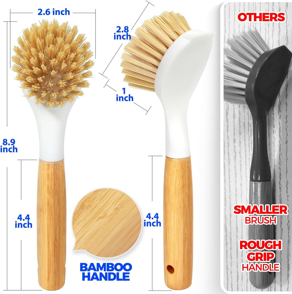 3 Pack Dish Brush Set with Bamboo Handle, Kitchen Brushes for Cleaning Pot, Sink and Stove, Skillet Scrubber with Tough Bristles for Cast Iron Grill Pan, White Yellow Black