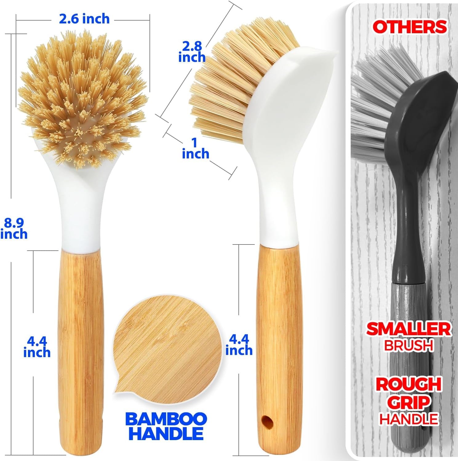 3 Pack Dish Brush Set with Bamboo Handle, Kitchen Brushes for Cleaning Pot, Sink and Stove, Skillet Scrubber with Tough Bristles for Cast Iron Grill Pan, White Yellow Black