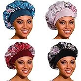 3 Pack Satin Bonnet Silk Hair Bonnet for Sleeping, Sleep Bonnets for Women Large Wide Soft Band Sleep Cap for Curly Hair Braids