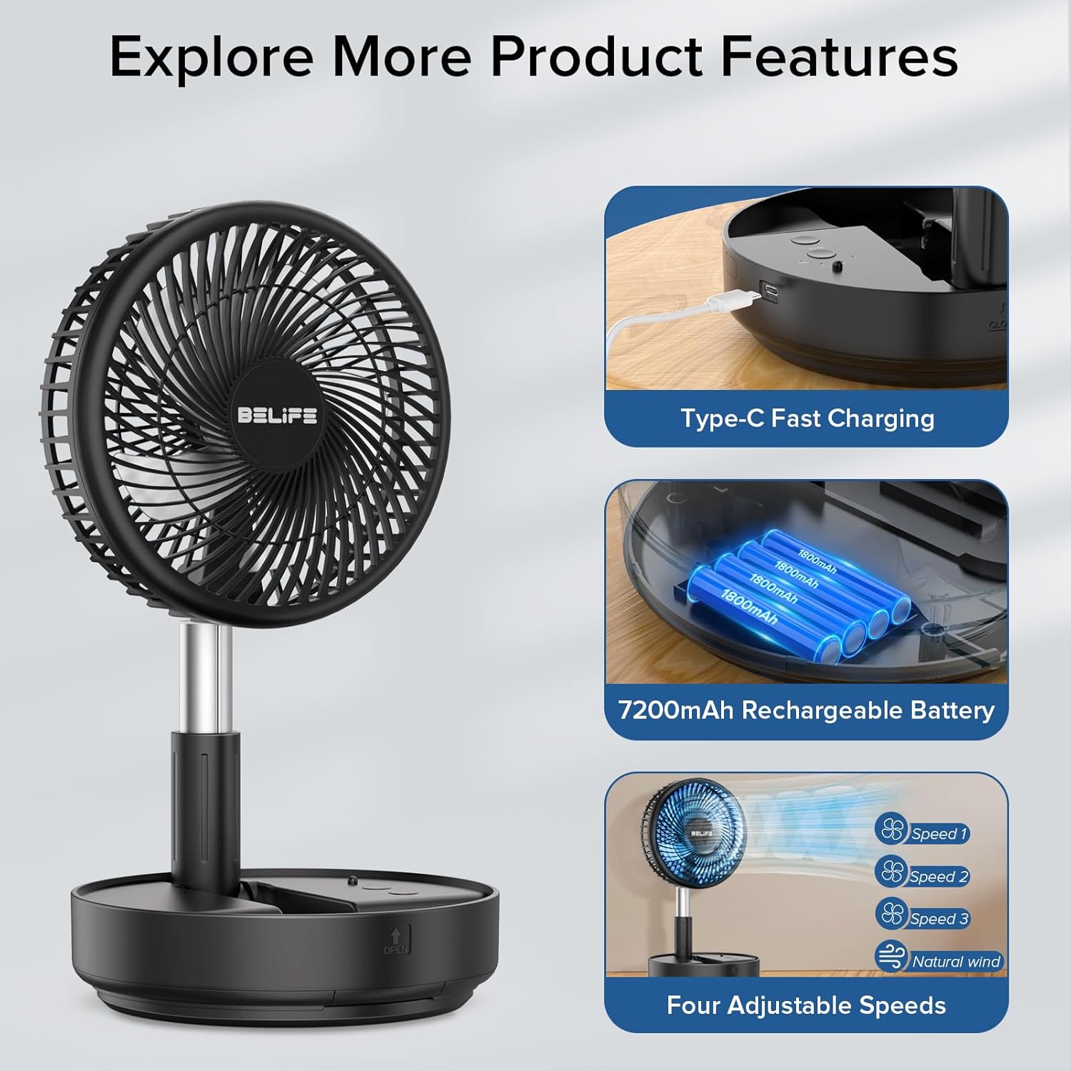 X8 Portable Fan, 7200Mah Battery Powered Rechargeable, Oscillating USB Desk Floor Fan with Remote, Foldable Telescopic Fan for Home Bedroom Sleeping Office Camping Travel, 7.7" (Black)
