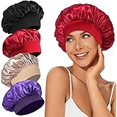 3 Pack Satin Bonnet Silk Hair Bonnet for Sleeping, Sleep Bonnets for Women Large Wide Soft Band Sleep Cap for Curly Hair Braids