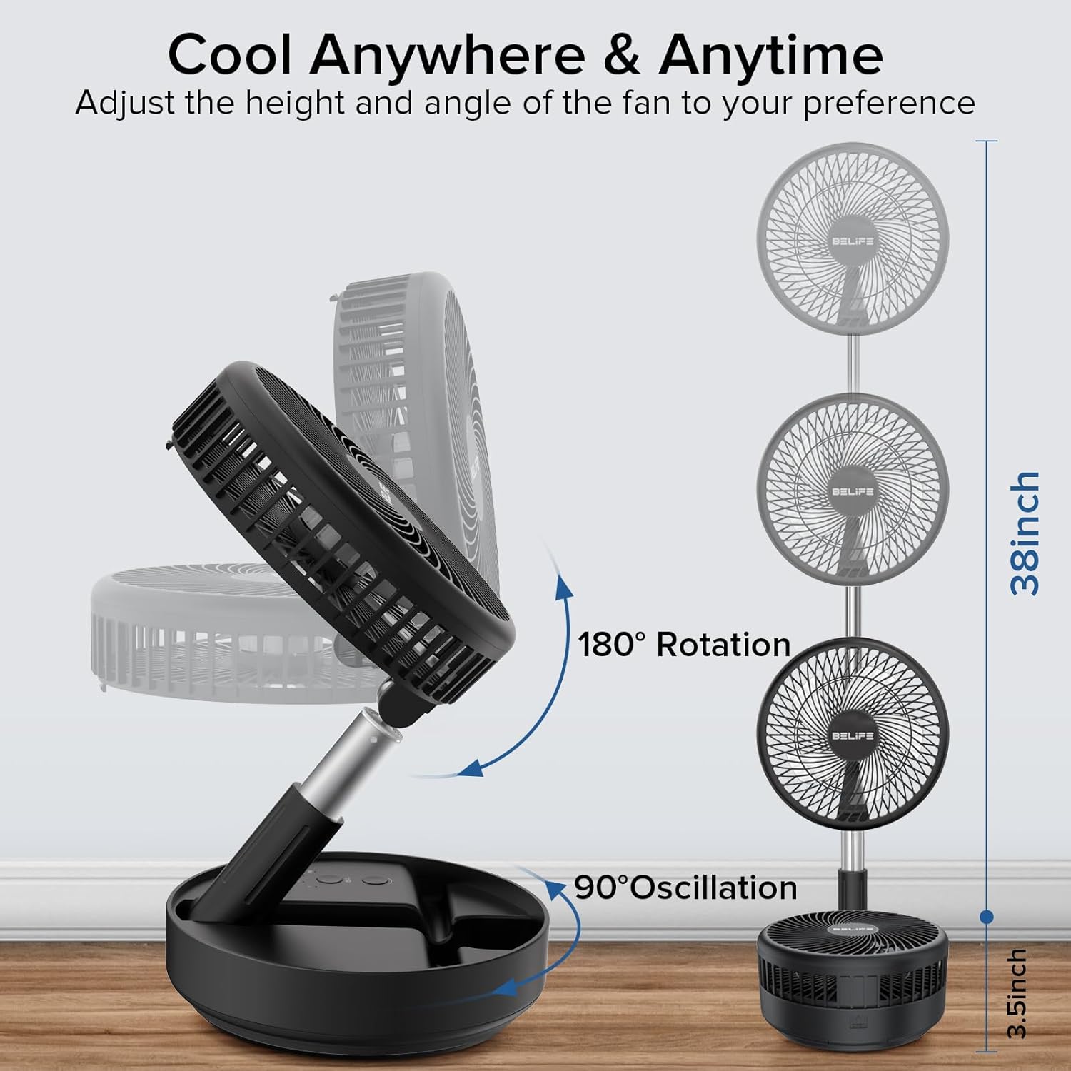 X8 Portable Fan, 7200Mah Battery Powered Rechargeable, Oscillating USB Desk Floor Fan with Remote, Foldable Telescopic Fan for Home Bedroom Sleeping Office Camping Travel, 7.7" (Black)