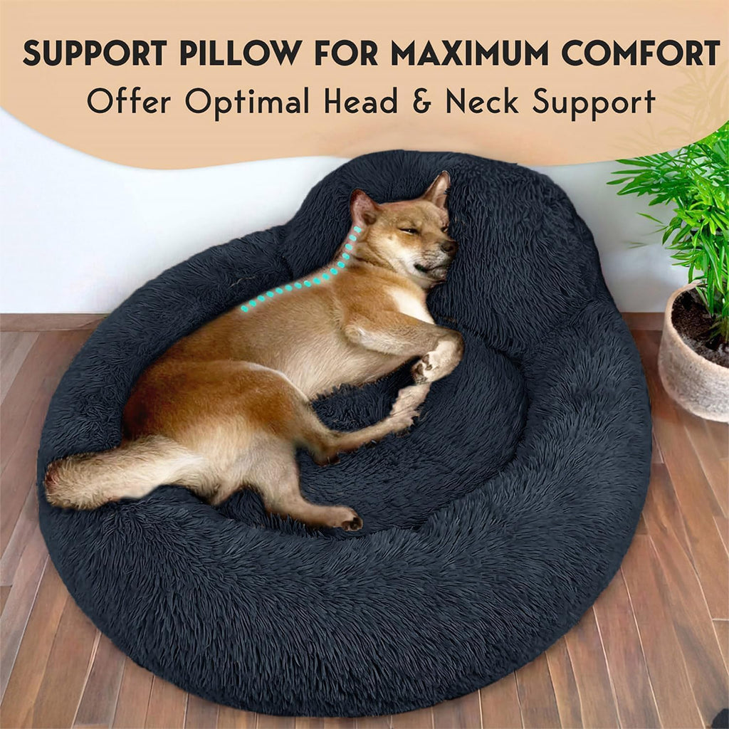Petjett Calming Dog Bed Medium Size Dog - 30'' Donut Bed, Washable Dog Bed, Anti-Slip & Super Soft Fluffy Plush round Dog Bed, Anti-Anxiety Premium Comfort Pet Bed, Fits Dogs Upto 45 Lbs - Dark Grey