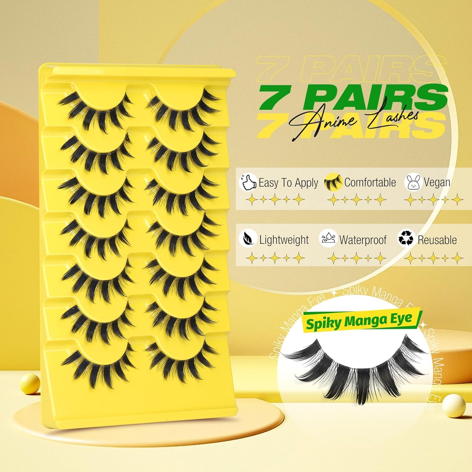 Manga Lashes Natural Eyelashes Spiky False Eyelashes Invisible Band 3D Cat Eye Lashes Wispy Fake Lashes Cosplay Anime Lashes 7 Pairs Pack Asian Doll Lashes Clear Band by