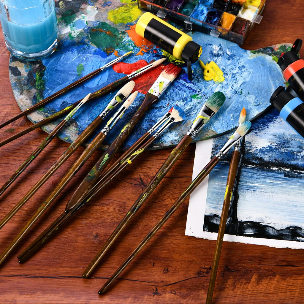 Professional Oil Paint Brush Set,  11Pcs Superior Hog Bristle Paint Brushes Perfect for Oil Acrylic Gouache Painting