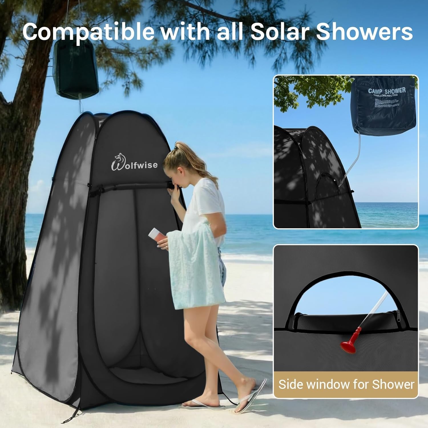 Pop up Shower Tent for Camping Essentials, Portable Instant Changing Tent with Ventilation Window & Carry Bag, Privacy Dressing Room Bathroom Toilet for Beach & Outdoor, Standard, Black