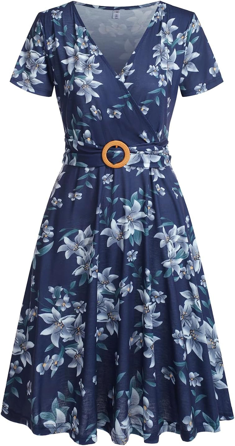 Women'S Elegant Criss-Cross V Neck Vintage Short Sleeve Work Casual Fit and Flare Tea Dress with Pockets 980