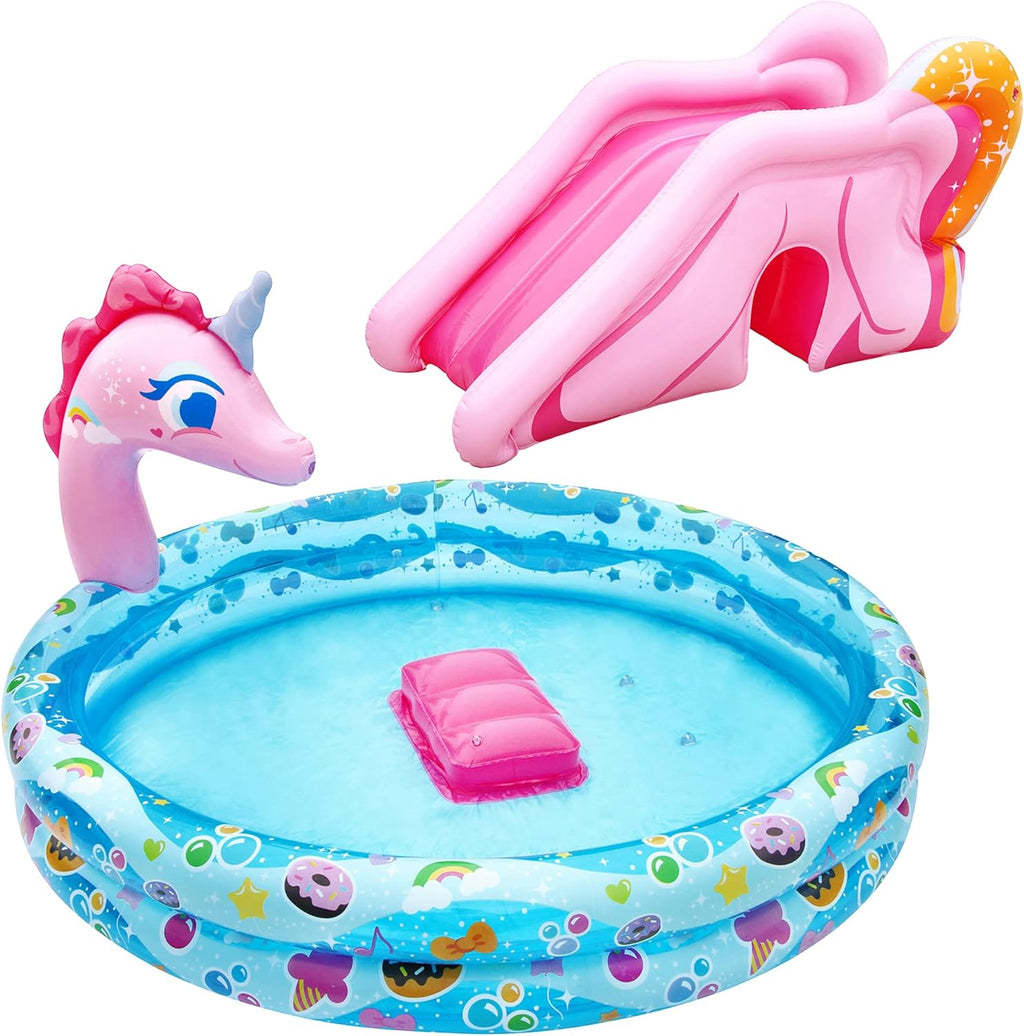 Spray 'N Splash Unicorn Pool, Length: 78 In, Width: 60 In, Height: 32 In, Inflatable Outdoor Backyard Water Slide Splash Toy