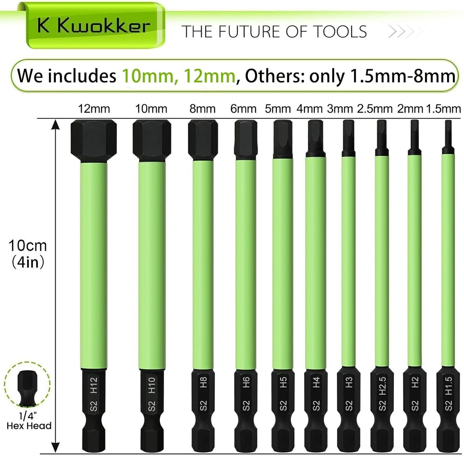 4" Long 10Pcs 1/4" Hex Head Allen Wrench Drill Bits, 1.5MM to 12MM Metric Hex Key Drill Bit Set, Magnetic Tips Screwdriver Socket Bit Set for Ikea Type Furniture (S2 Steel), New Version