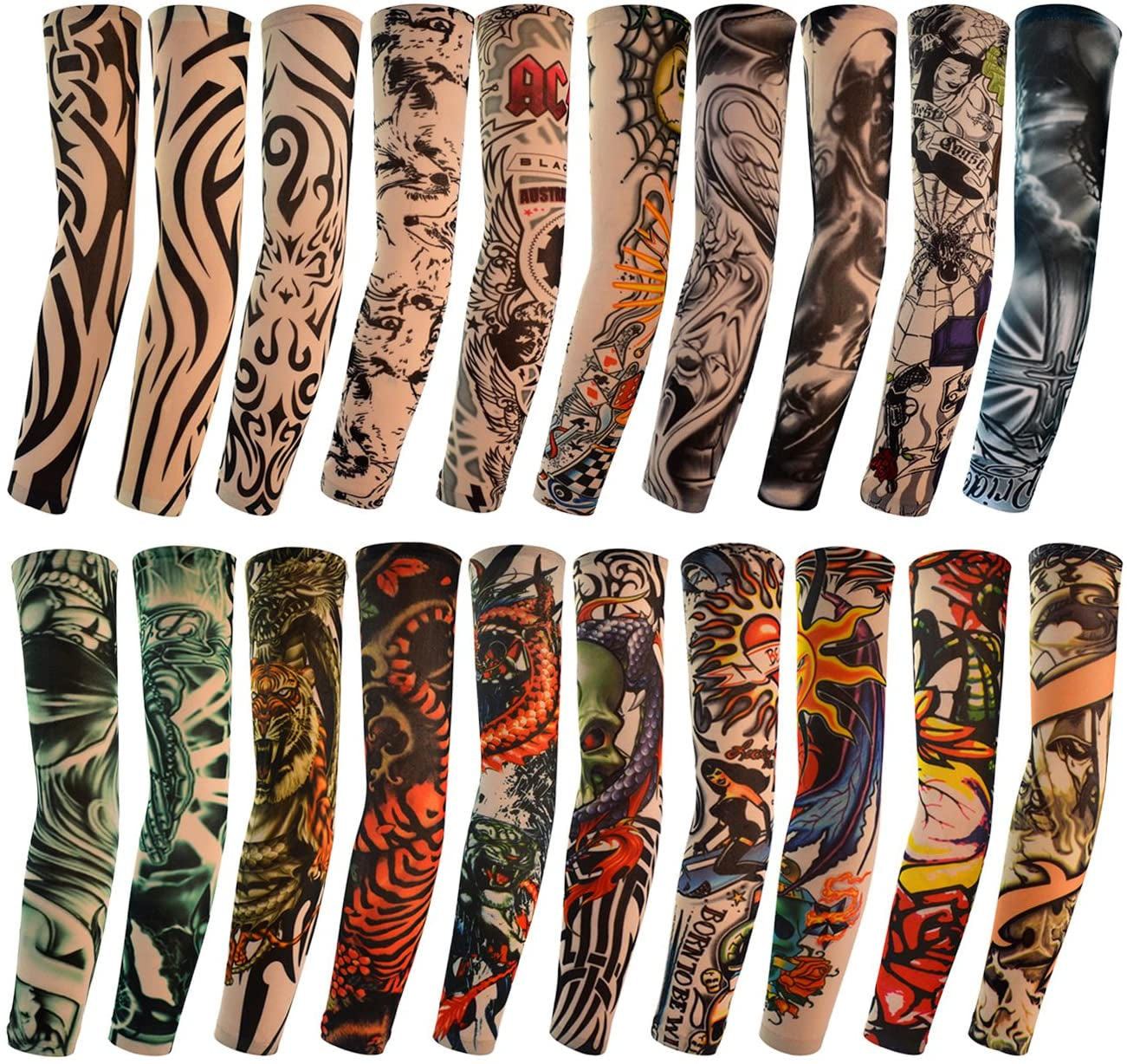 20Pcs Temporary Tattoo Arm Sleeves Arts Fake Slip on Arm Sunscreen Sleeves Body Art Stockings Protector -Designs Tribal, Tiger, Dragon, Skull, and Etc Unisex Stretchable Cosplay Accessories
