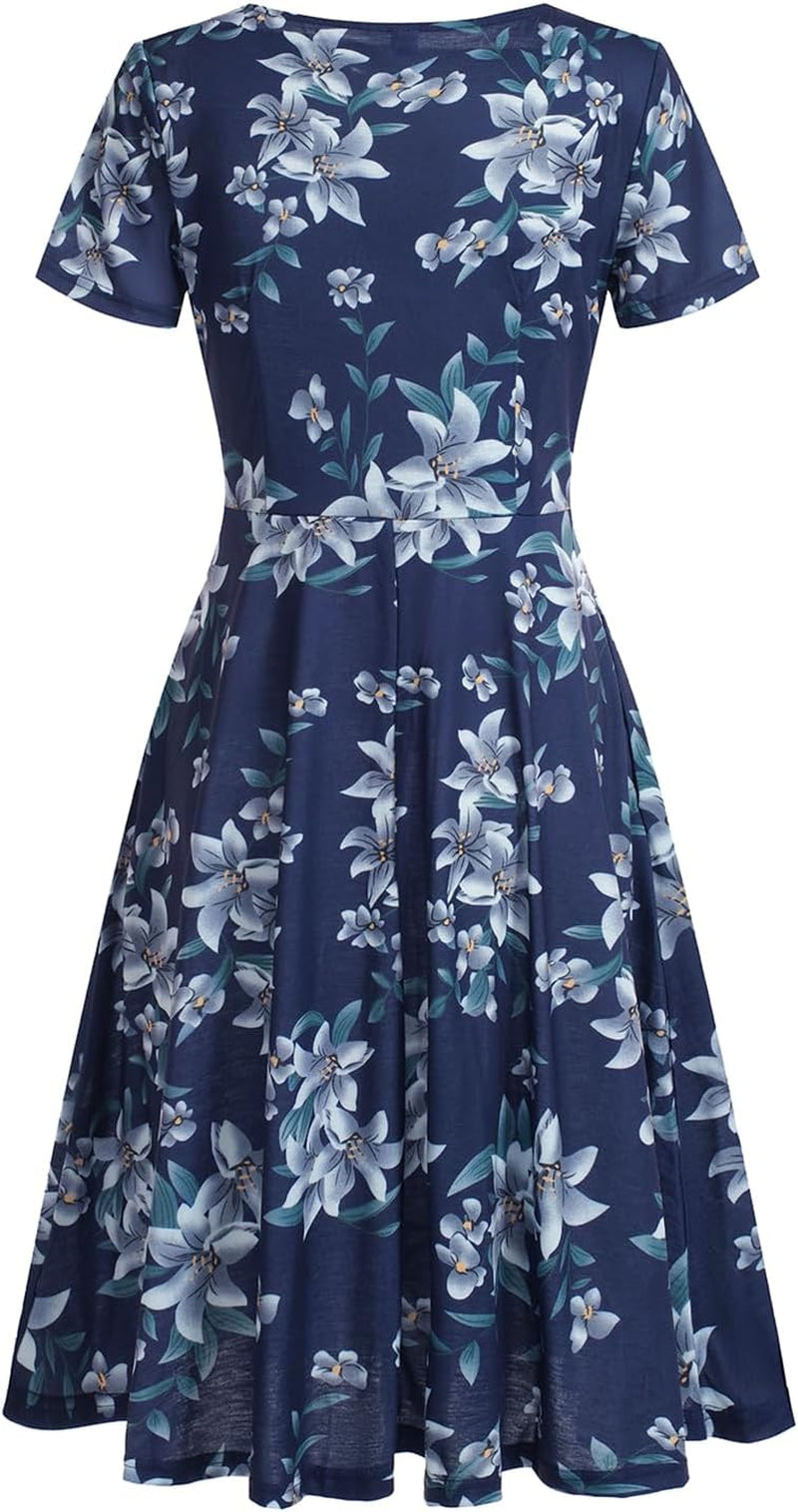 Women'S Elegant Criss-Cross V Neck Vintage Short Sleeve Work Casual Fit and Flare Tea Dress with Pockets 980