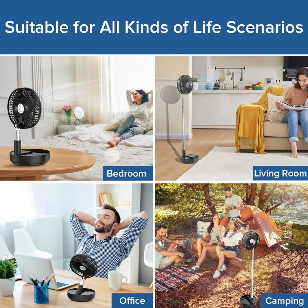 X8 Portable Fan, 7200Mah Battery Powered Rechargeable, Oscillating USB Desk Floor Fan with Remote, Foldable Telescopic Fan for Home Bedroom Sleeping Office Camping Travel, 7.7" (Black)