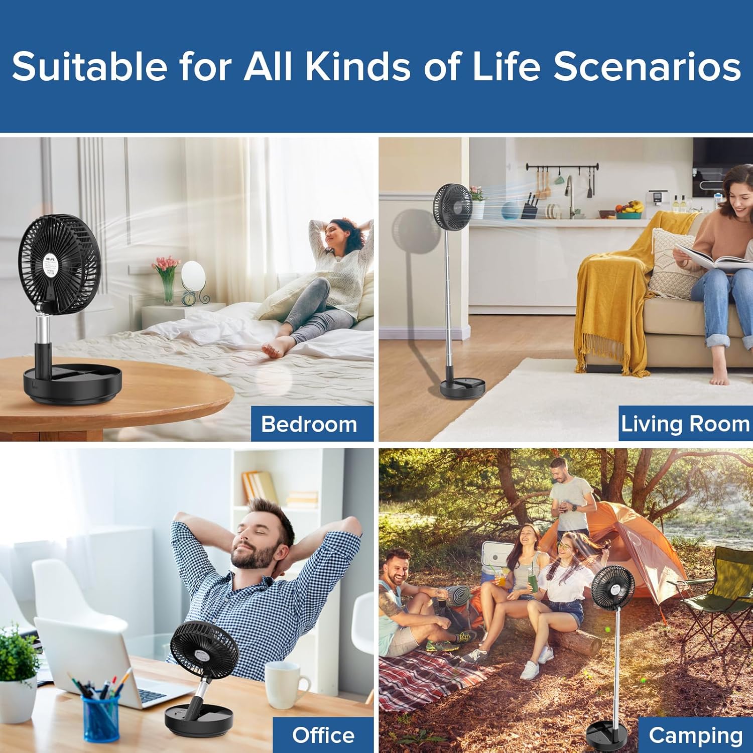 X8 Portable Fan, 7200Mah Battery Powered Rechargeable, Oscillating USB Desk Floor Fan with Remote, Foldable Telescopic Fan for Home Bedroom Sleeping Office Camping Travel, 7.7" (Black)
