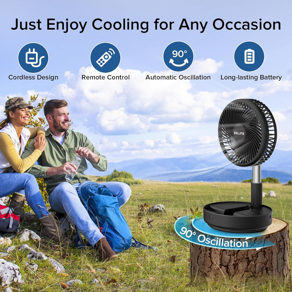 X8 Portable Fan, 7200Mah Battery Powered Rechargeable, Oscillating USB Desk Floor Fan with Remote, Foldable Telescopic Fan for Home Bedroom Sleeping Office Camping Travel, 7.7" (Black)