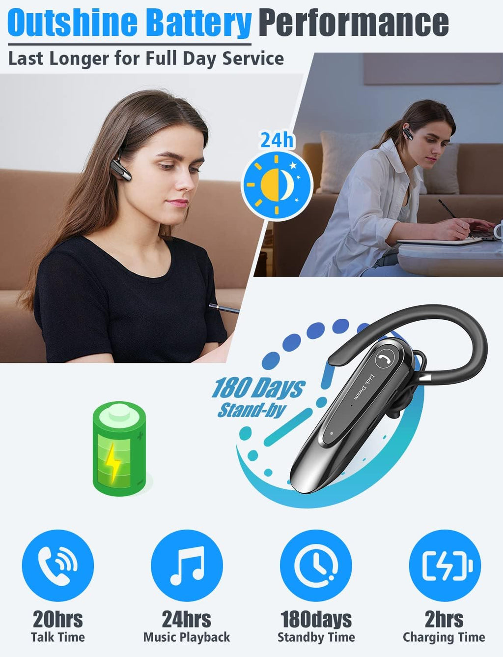 Bluetooth Earpiece Wireless CVC8.0 Headset for Cell Phone Dual Mic Noise Canceling Earpiece Phone with Mute Key 20H Talk 180 Days Standby for Iphone Android Home Office Driving (1 Pack)