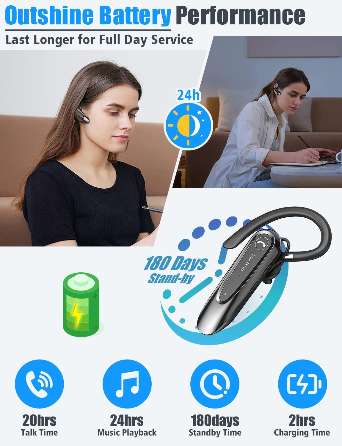 Bluetooth Earpiece Wireless CVC8.0 Headset for Cell Phone Dual Mic Noise Canceling Earpiece Phone with Mute Key 20H Talk 180 Days Standby for Iphone Android Home Office Driving (1 Pack)