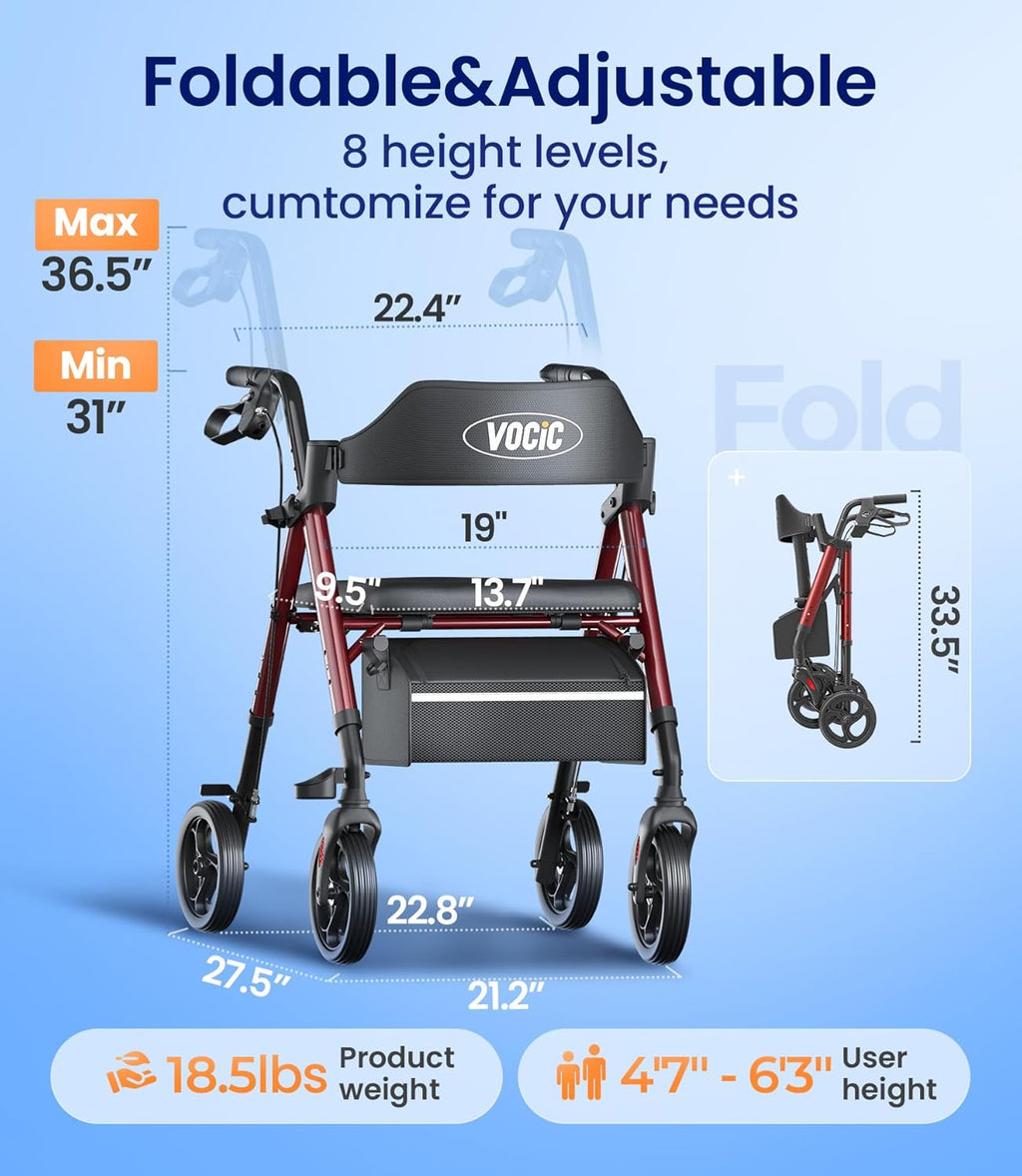 Walkers for Seniors, Z21 Rollator Walker with Seat Supports 350Lb, 8" Big Wheels for All Terrain, Ergonomic Arc Seat & 6" Ultra Backrest Foldable Walker, Dual Height Adjustment, Lightweight 2025