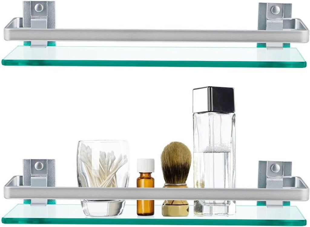 2-Pack Tempered Glass Bathroom Shelf with Rail, 15" X 4.5" Rectangular Shower Caddy, Wall Mounted Floating Shampoo Holder for Lavatory, Kitchen, Living Room
