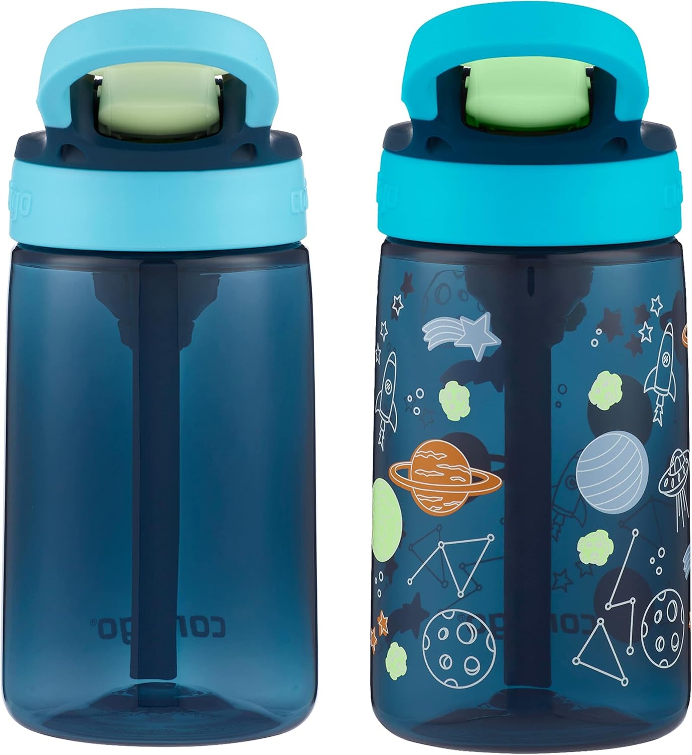 Kids Water Bottle with Redesigned AUTOSPOUT Straw 14Oz. 2 Pack Blueberry and Blue Raspberry & Blueberry and Blue Raspberry with Cosmos