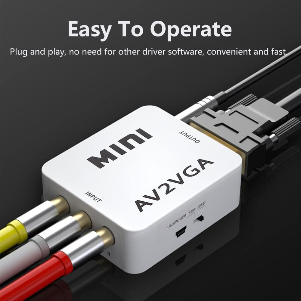 Video Converter, 480P Mini AV to VGA Adapter, Composite TV Set-Top Box Audio Video Converter (White)