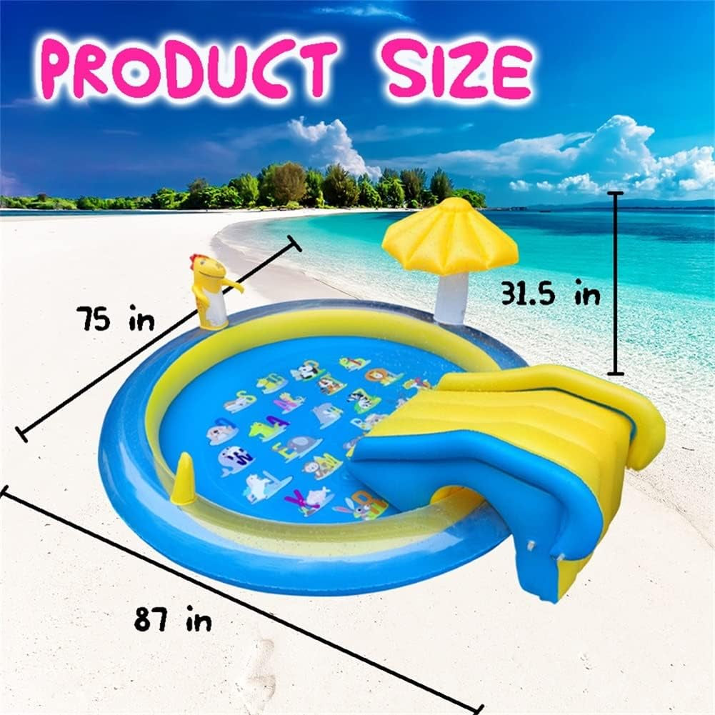 Dinosaur Inflatable Play Center, Kids round Wading Swimming Pool with Slide, Dinosaur Sprinkle, Mushroom Shade for Kids Children Summer Outdoor Splish Splash, Garden Backyard Water Park, 87"X75"X31.5"