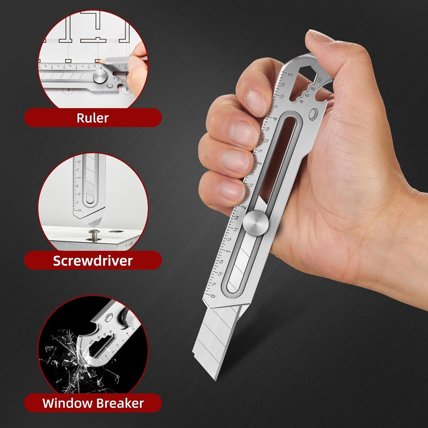 7-In-1 Mutipurpose Utility Knife, Stainless Steel Retractable Box Cutter, Heavy Duty Snap off Cutter Knife with 10PC 18MM SK5 Blades, Safety Lock Design
