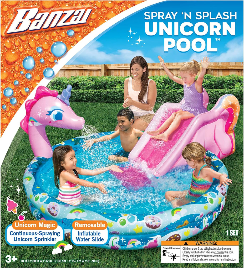 Spray 'N Splash Unicorn Pool, Length: 78 In, Width: 60 In, Height: 32 In, Inflatable Outdoor Backyard Water Slide Splash Toy